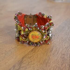 Mille Fleur Victorian Revival Beads Encrusted Ribbon Bracelet Red Base